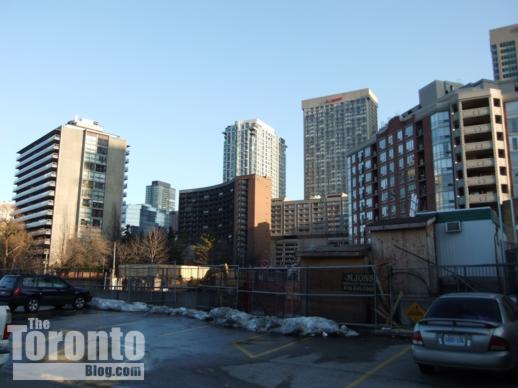 Canadian Tire parking lot view toward Milan condo tower location 