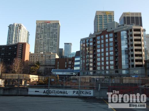 Canadian Tire parking lot view toward Milan condo tower location 