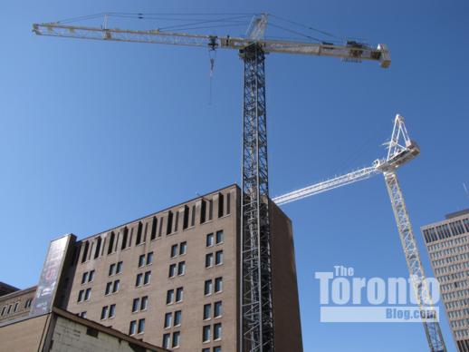 Construction cranes at the Women's College Hospital building site