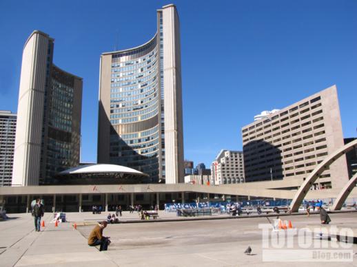 Nathan Phillips Square and the clamshell towers of Toronto City Hall