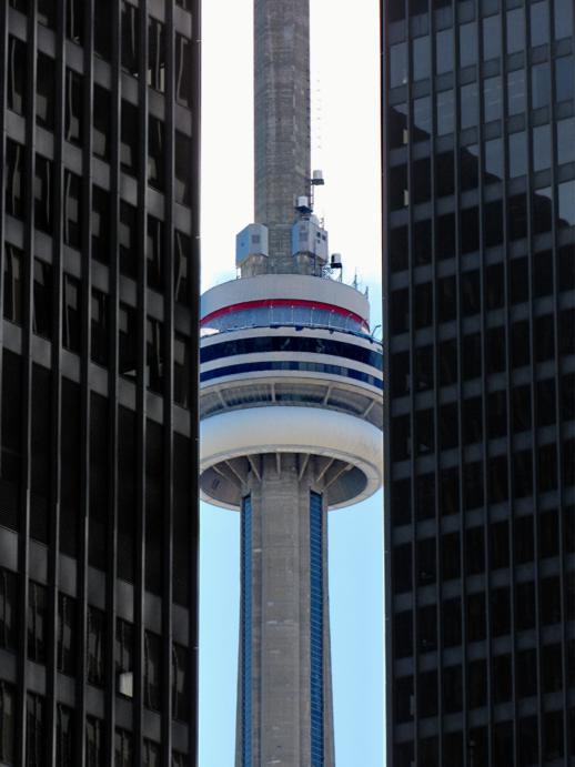 CN Tower viewed from corner of King & Bay Streets