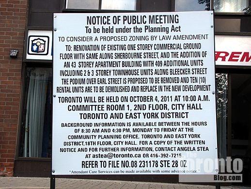 public meeting sign at 545 Sherbourne Street