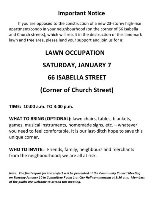 66 Isabella Street Toronto lawn occupation notice