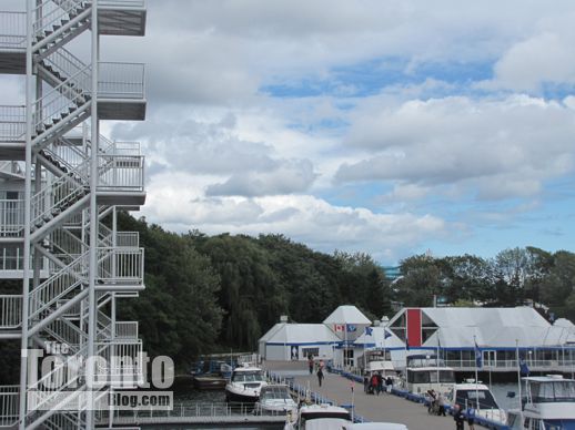 A pavilion staircase overlooking the Ontario Place marina 