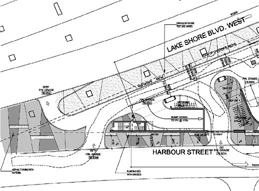site plan illustration showing Ten York condo tower vehicle entrances and exits