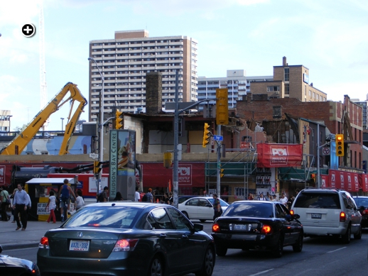 Buildings at the SE corner of Yonge & Bloor being demolished in August 2008